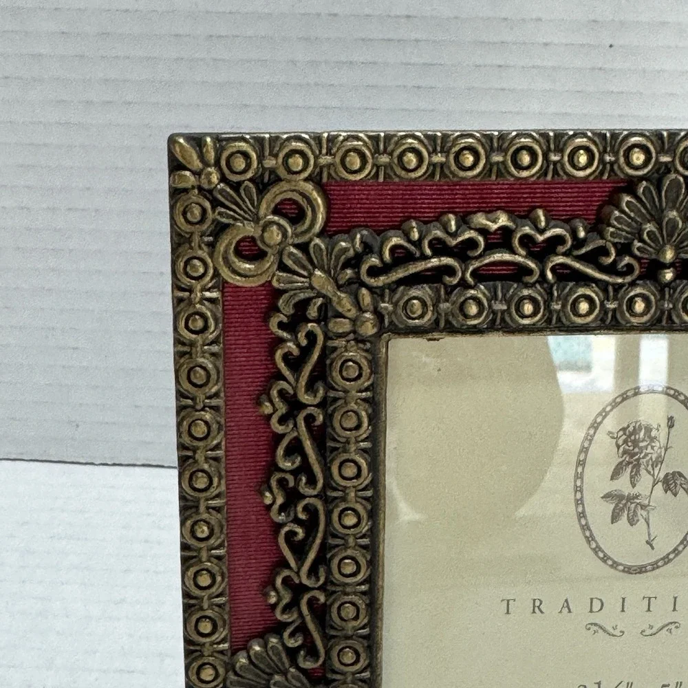 Ornate Antique Brass Color Metal Photo Frame Red Burgundy Trim Weston Gallery